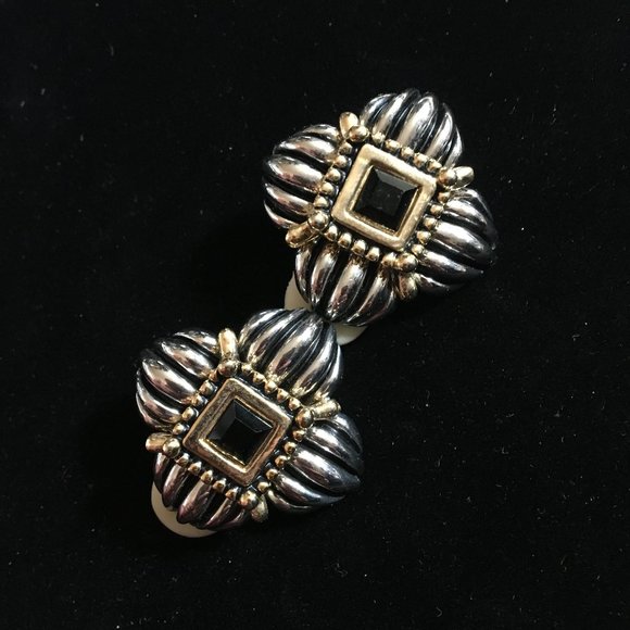 Vintage Retro 80's Designer Clip-On Earrings Silver Gold Gemstone Women's Chunky - Picture 9 of 12